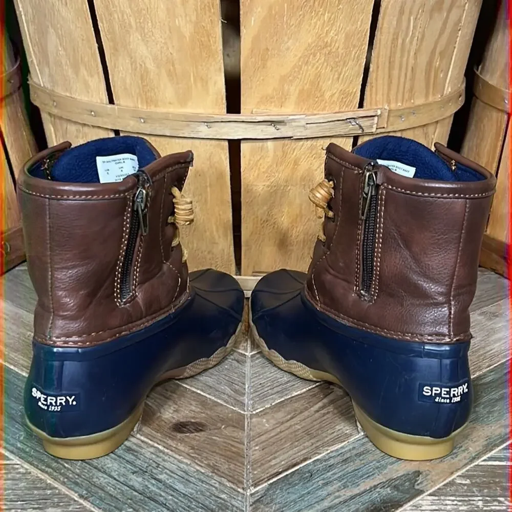 Sperry Saltwater Navy Brown Leather Rubber Waterproof Duck Boots Girls Size 5